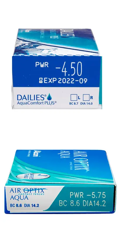 Os parâmetros da caixa das suas Lentes de Contacto